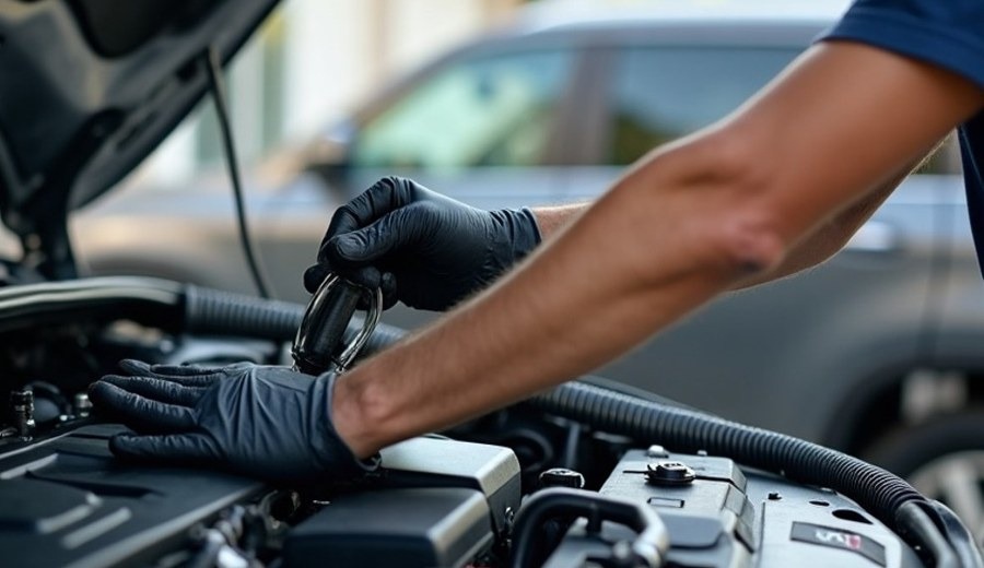 Denver mobile mechanic replacing a car battery at an apartment parking lot